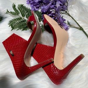 Calvin Klein red snake print open toe heel